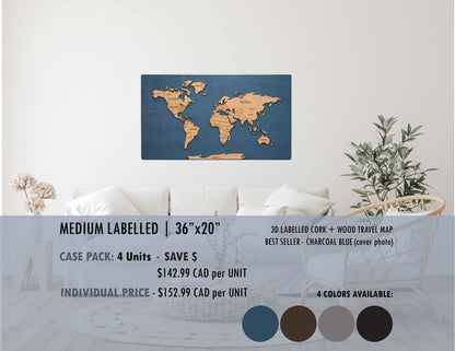 Cork &amp; Wood 3D World Pin Map | 36 x 20 | Labelled