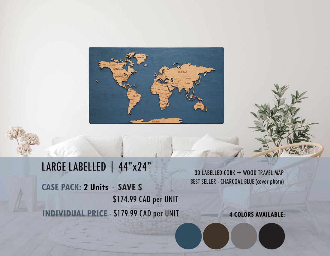 Cork & Wood 3D World Pin Map | 44 x 24 | Labelled