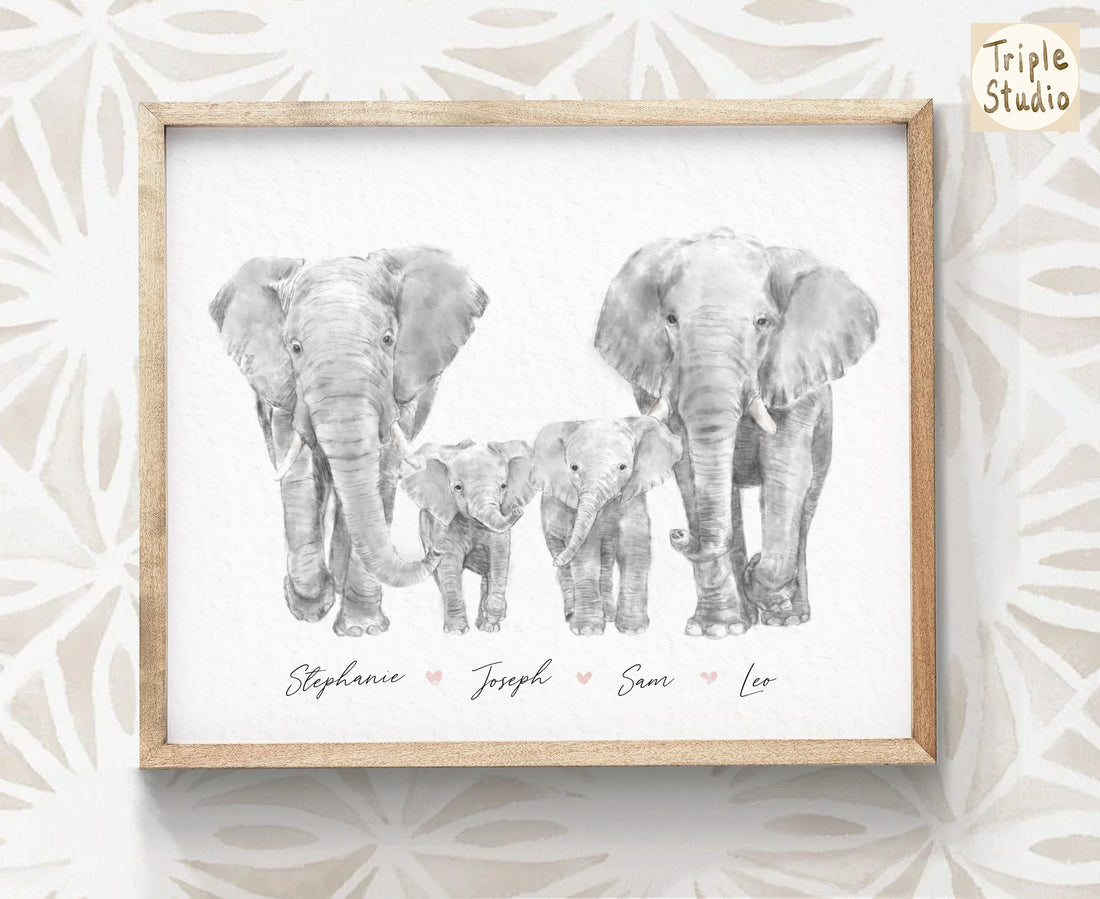 Elephant Family Portrait Print with Personalized Names
