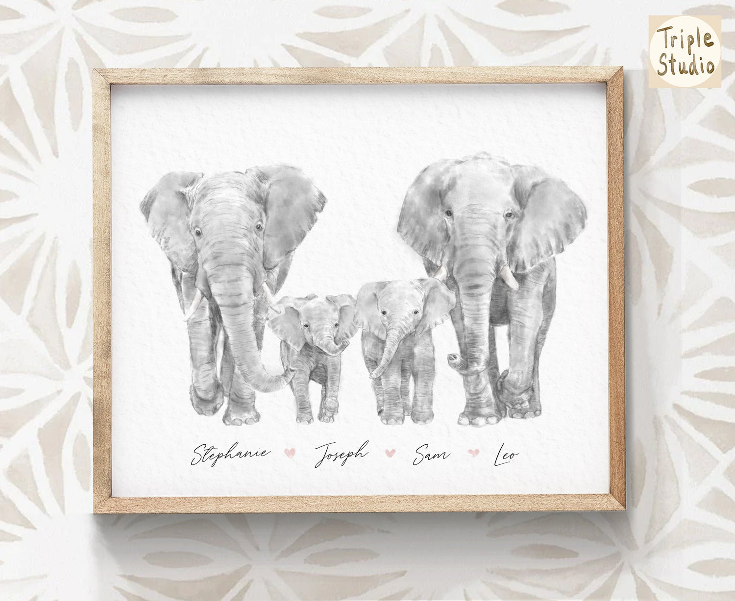 Elephant Family Portrait Print with Personalized Names