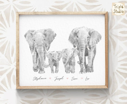 Elephant Family Portrait Print with Personalized Names