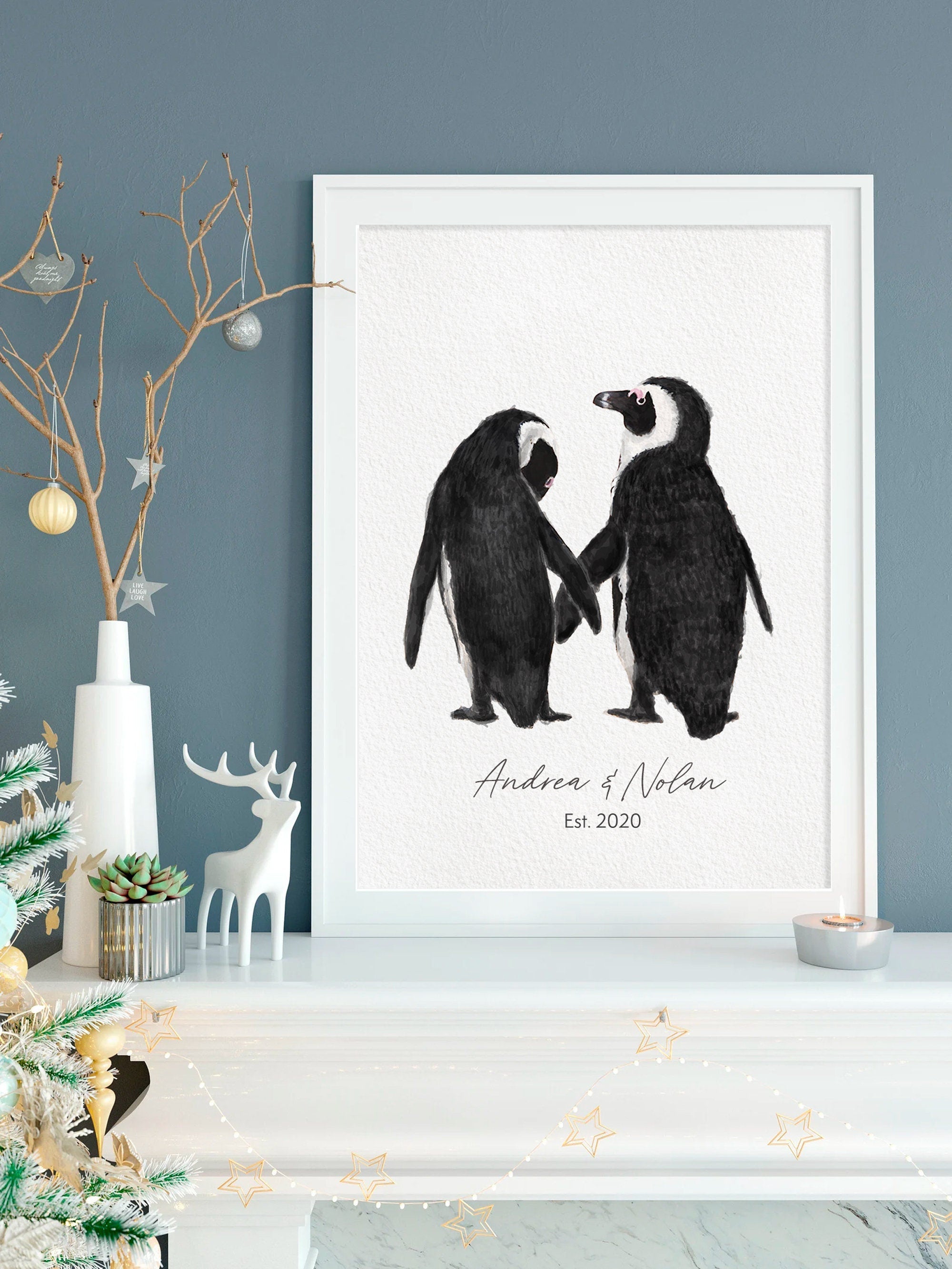 Personalized Wedding Gift - Penguin in Love Wall Art for Newly Wed Couple