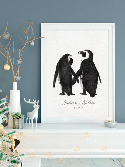 Personalized Wedding Gift - Penguin in Love Wall Art for Newly Wed Couple