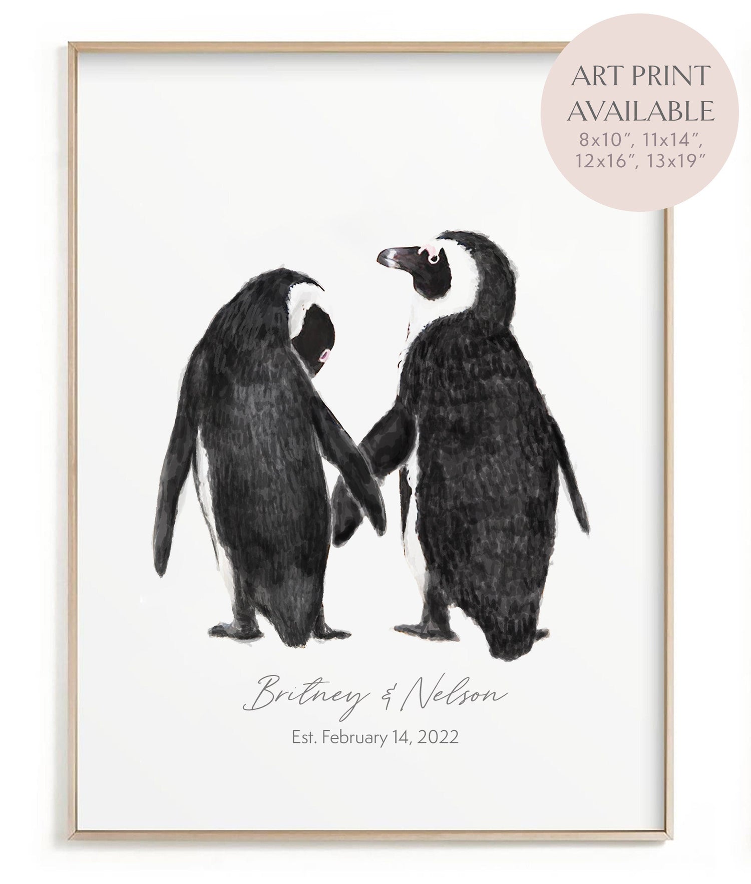 Personalized Wedding Gift - Penguin in Love Wall Art for Newly Wed Couple