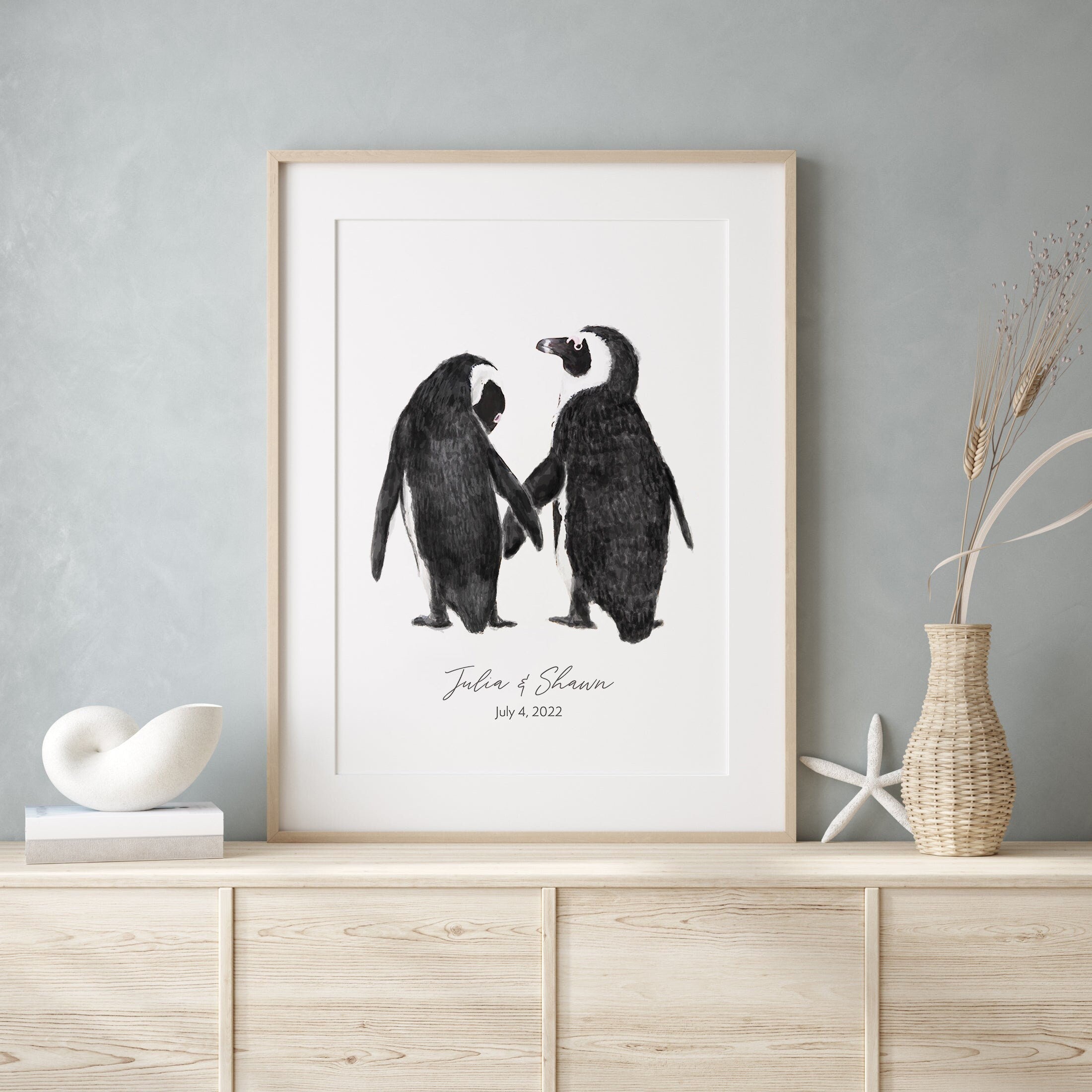 Personalized Wedding Gift - Penguin in Love Wall Art for Newly Wed Couple