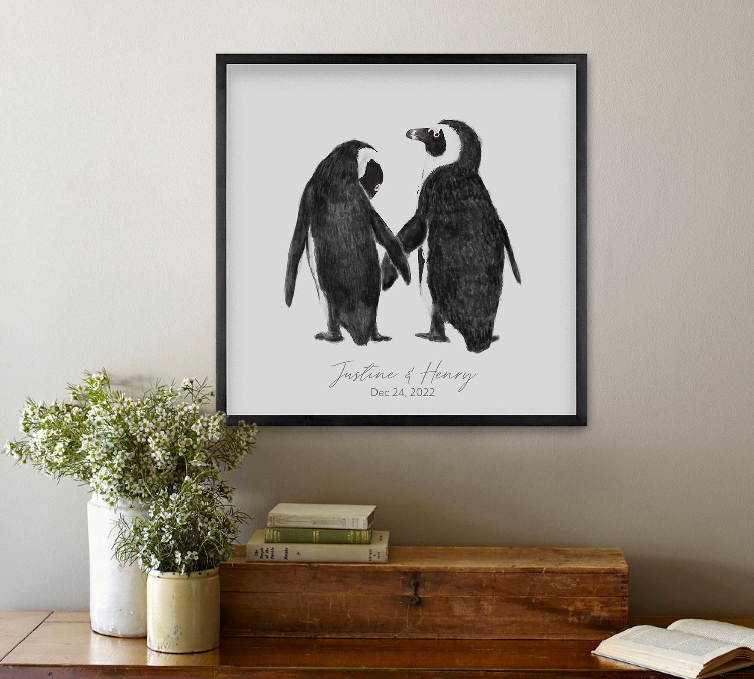 Personalized Wedding Gift - Penguin in Love Wall Art for Newly Wed Couple
