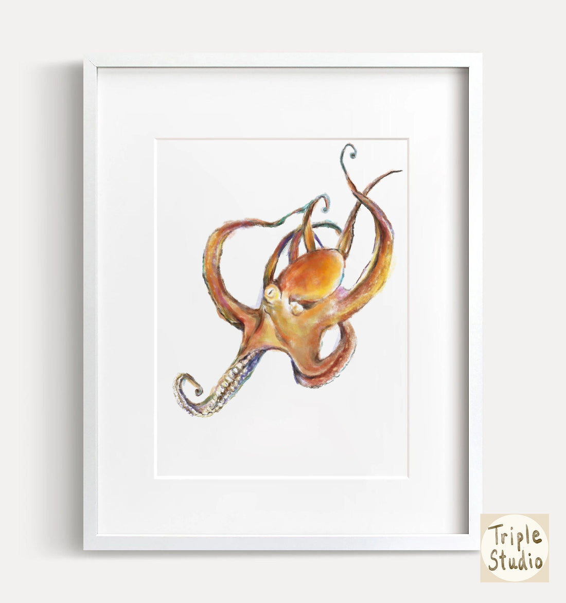 Vibrant Octopus Watercolor Art - Original Minimalistic Colorful Ocean Marine Animal Wall Decor, Tropical Wall Painting, Signed by Artist