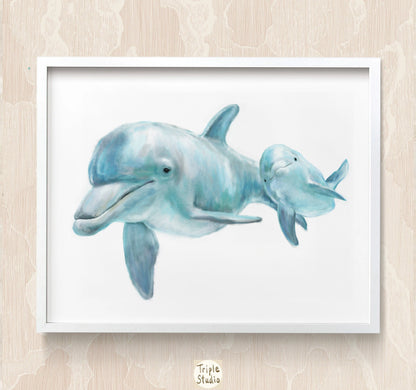 Baby Dolphin and Mom Ocean Art Print