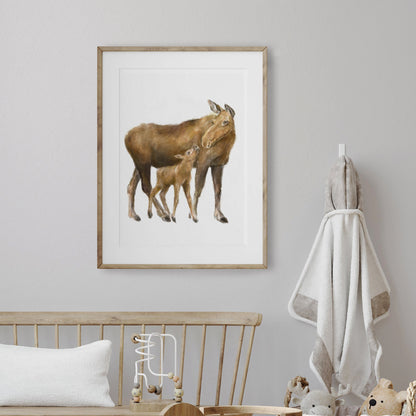 Baby Moose and Mom Wall Art Print