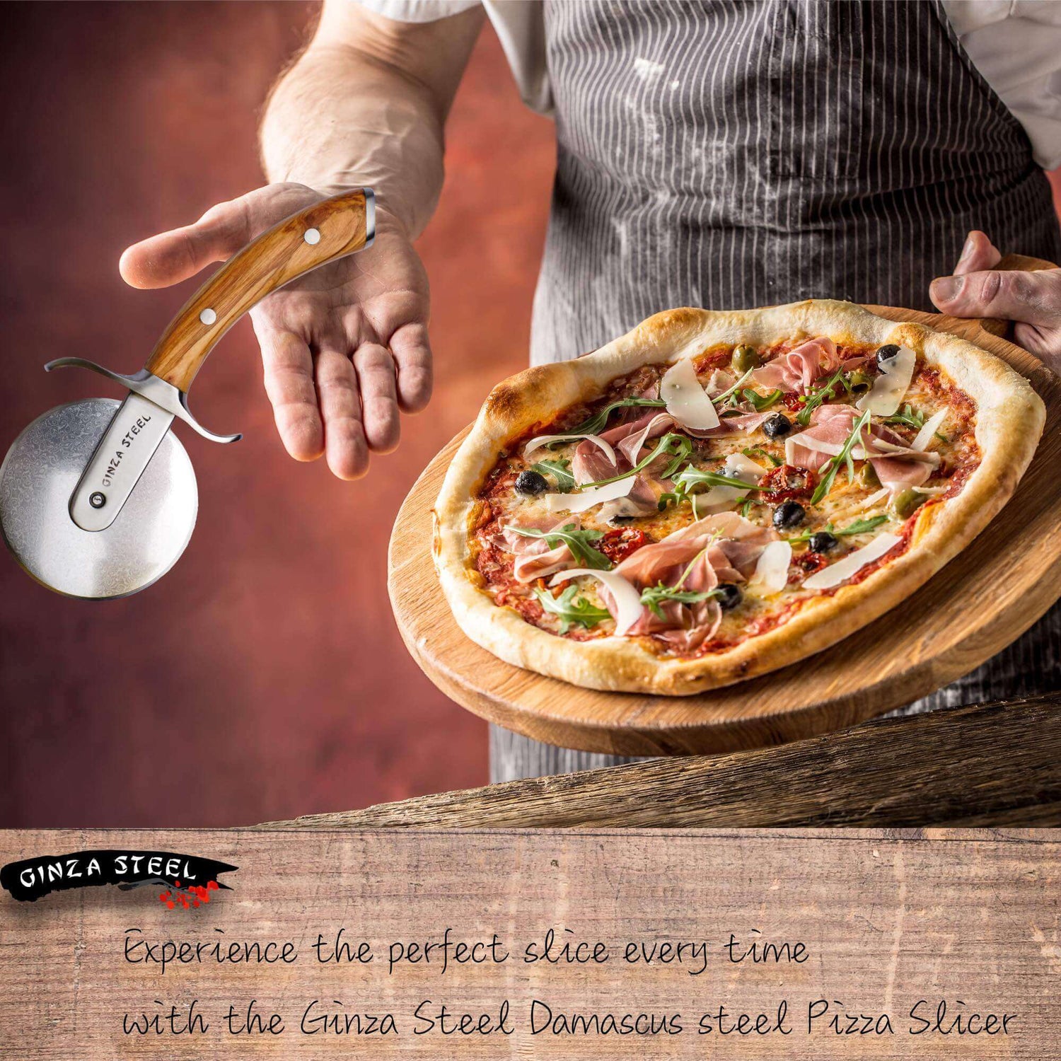 Ginza Steel MIA Pizza Slicer – Stainless Blade with Olive Wood Handle