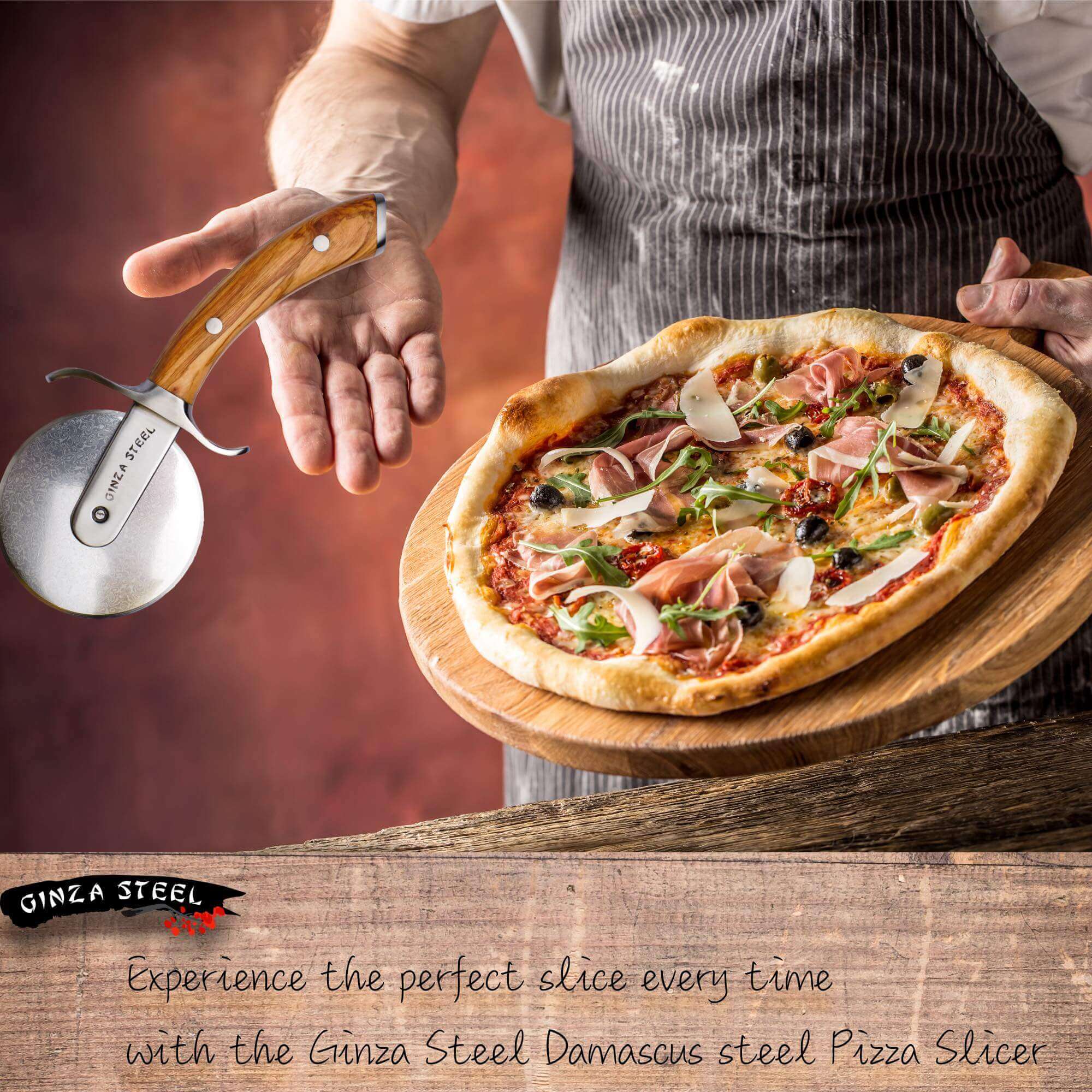 Ginza Steel MIA Pizza Slicer – Stainless Blade with Olive Wood Handle