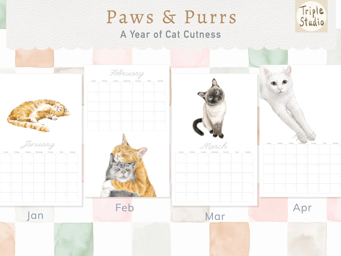 Large Cat Wall Planner with Watercolor Art, Magnetic Poster Hanger Included