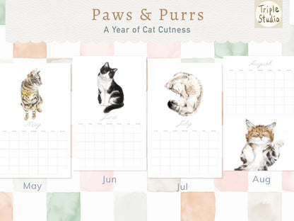 Large Cat Wall Planner with Watercolor Art, Magnetic Poster Hanger Included