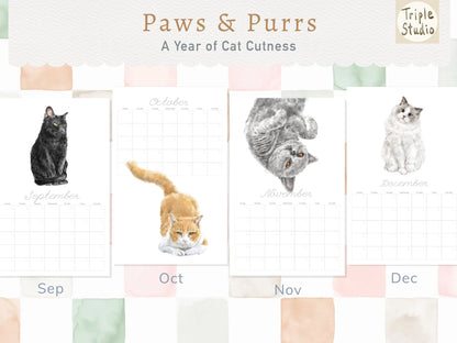 Large Cat Wall Planner with Watercolor Art, Magnetic Poster Hanger Included