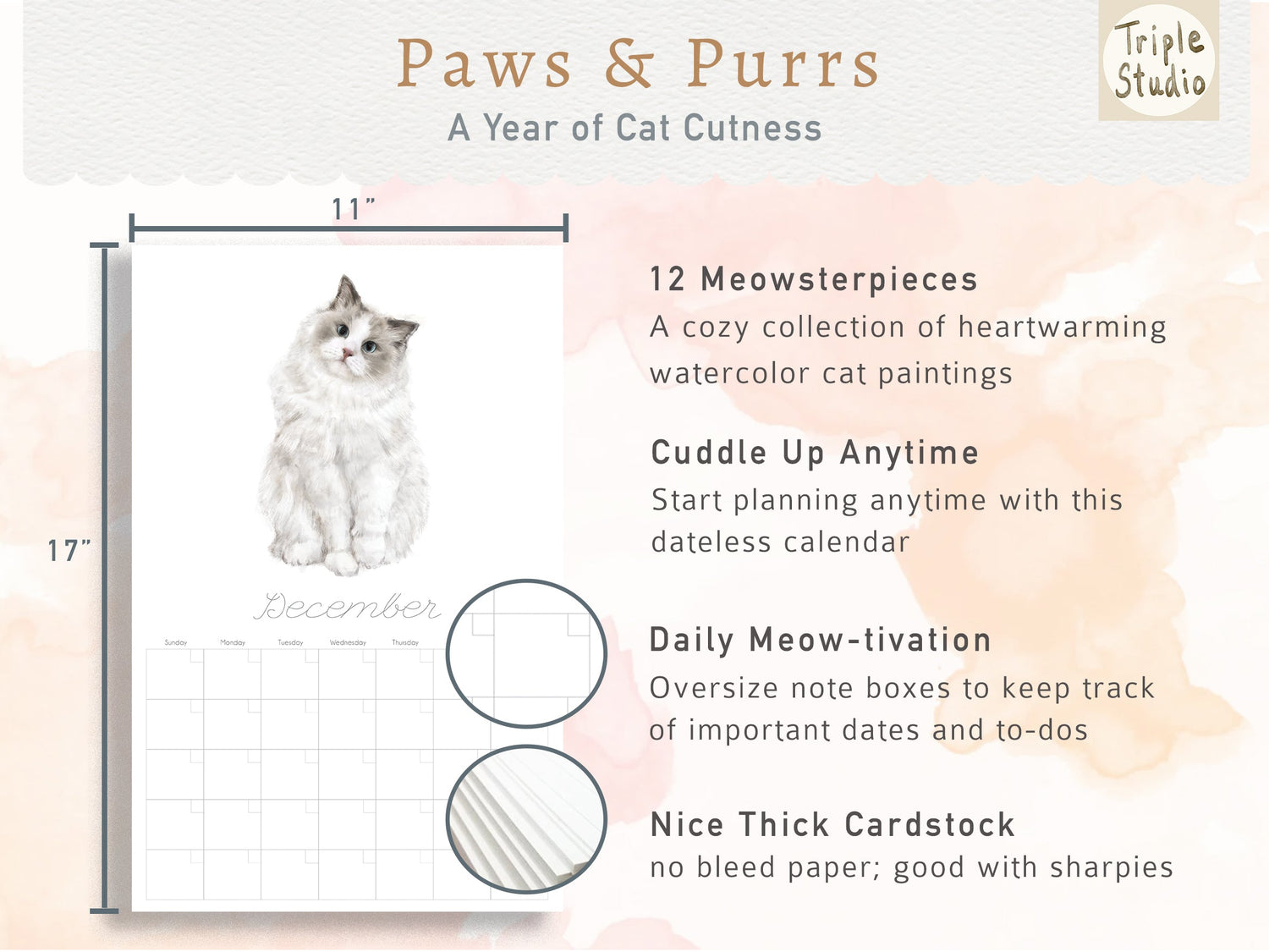 Large Cat Wall Planner with Watercolor Art, Magnetic Poster Hanger Included