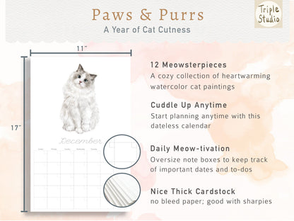 Large Cat Wall Planner with Watercolor Art, Magnetic Poster Hanger Included