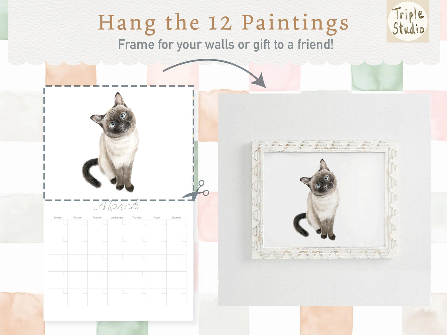 Large Cat Wall Planner with Watercolor Art, Magnetic Poster Hanger Included