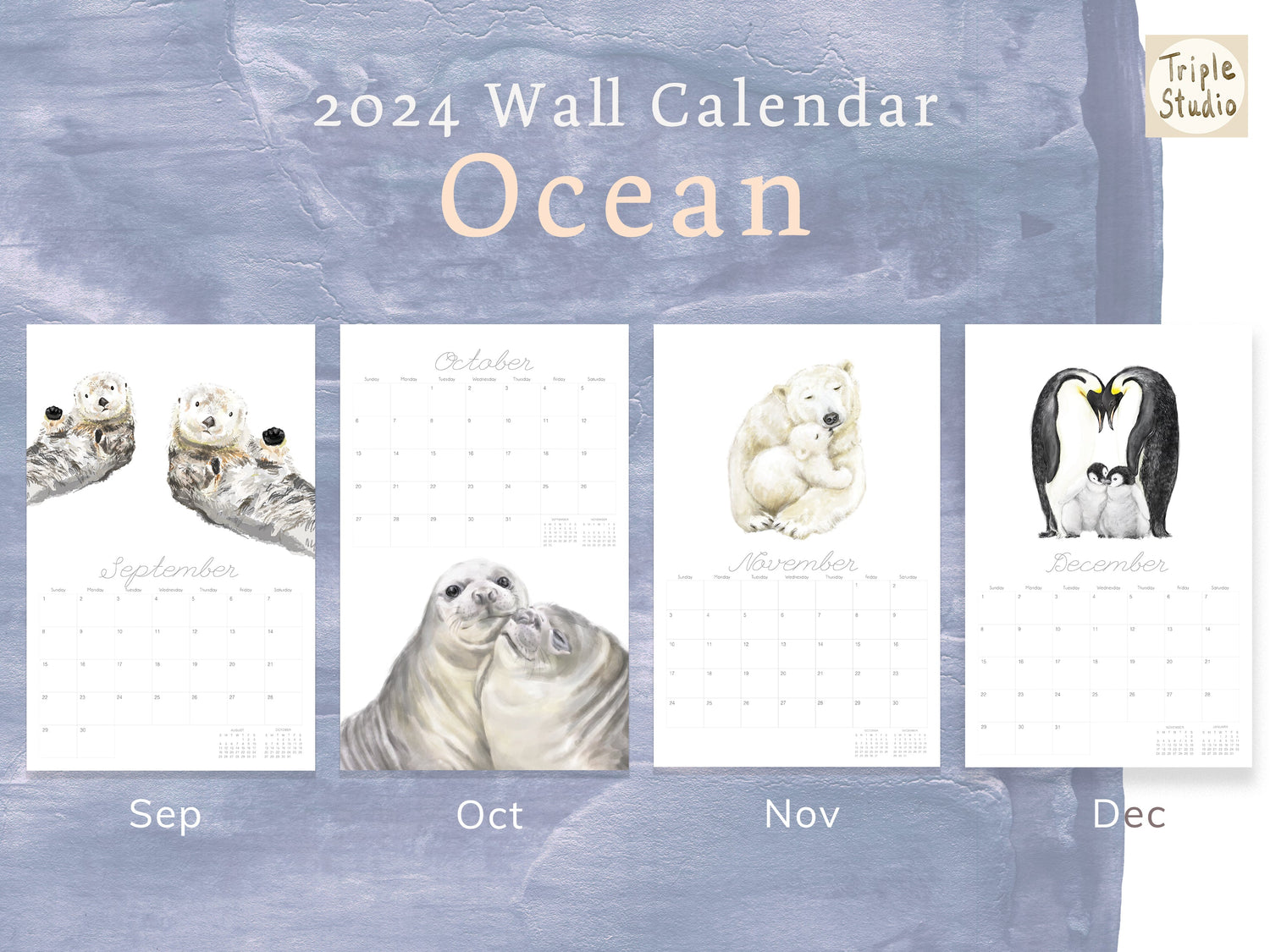 DATELESS Extra Large Wall Calendar with Magnetic Poster Hanger - OCEAN