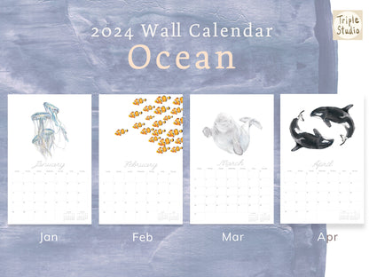 DATELESS Extra Large Wall Calendar with Magnetic Poster Hanger - OCEAN