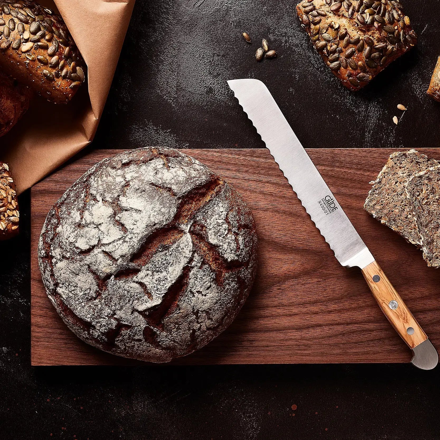 ALPHA OLIVE | Bread Knife 8&quot; Blade | Hand Forged / Olive wood handle