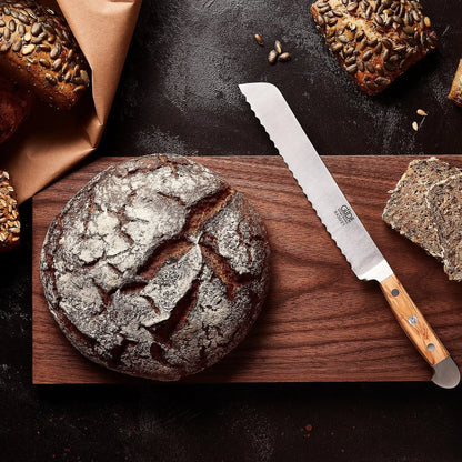 ALPHA OLIVE | Bread Knife 8&quot; Blade | Hand Forged / Olive wood handle